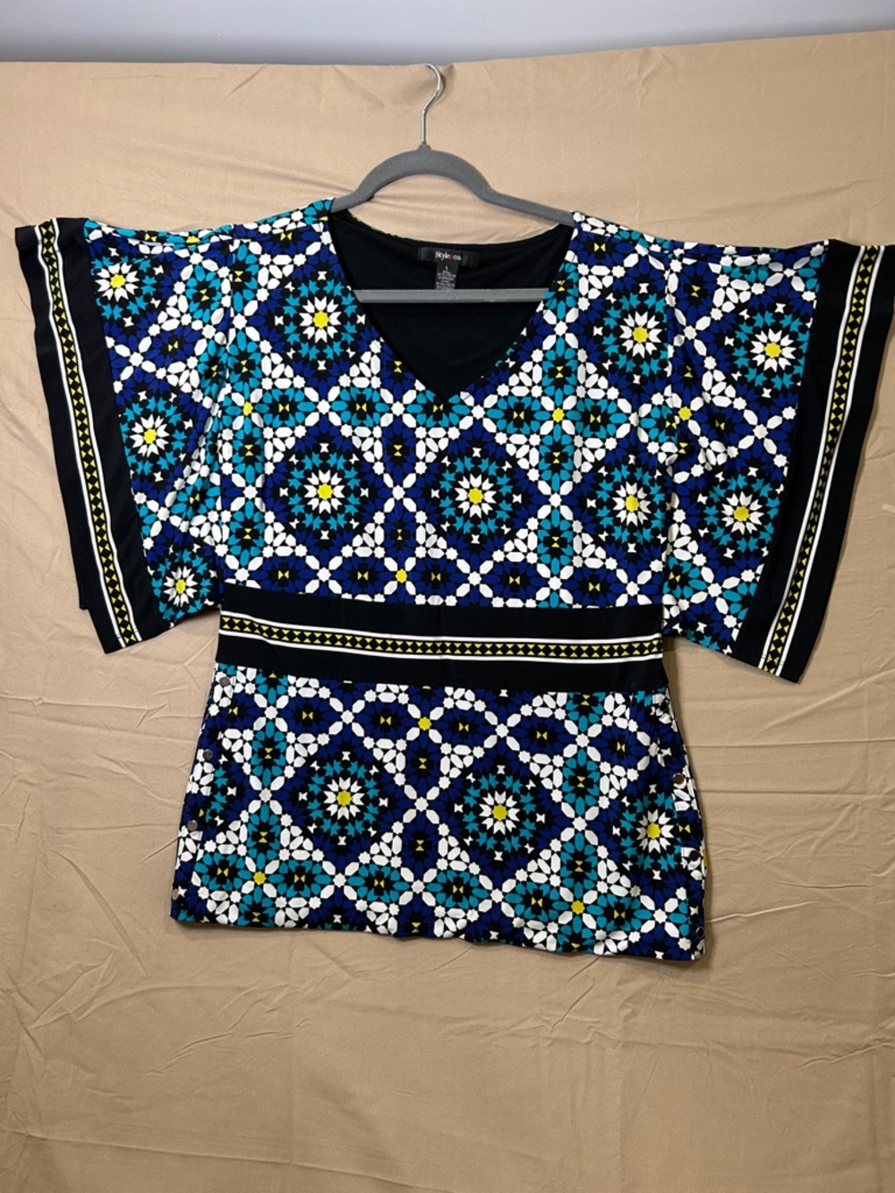 Style & Co women Teal & White Geometric V-Neck Tunic with Black Waistband